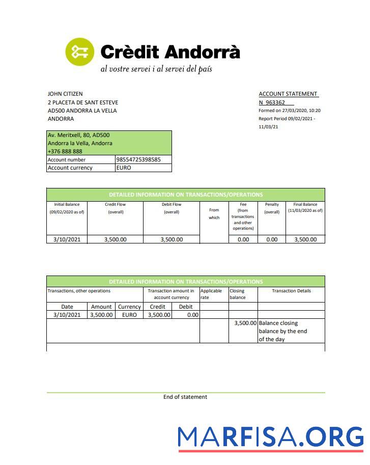 Printable Andorra Credit Andorra bank statement excel real example